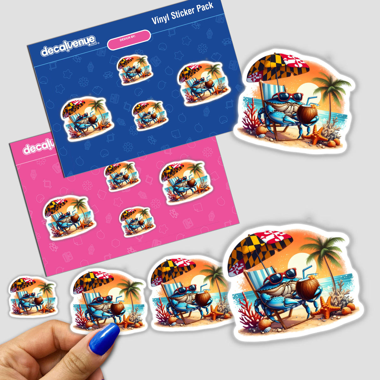 Beachy Blue Crab at Sunset sticker sheet featuring a cartoon crab under a Maryland flag umbrella, lounging with a coconut. Includes ocean sunset, palm tree, starfish, seashells, and coral.