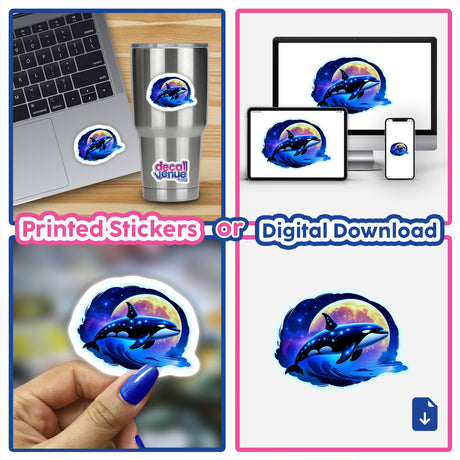 Collage featuring A Cute Magical Orca sticker amid various objects, highlighting the whimsical design available as vinyl stickers or digital artwork from Decal Venue.