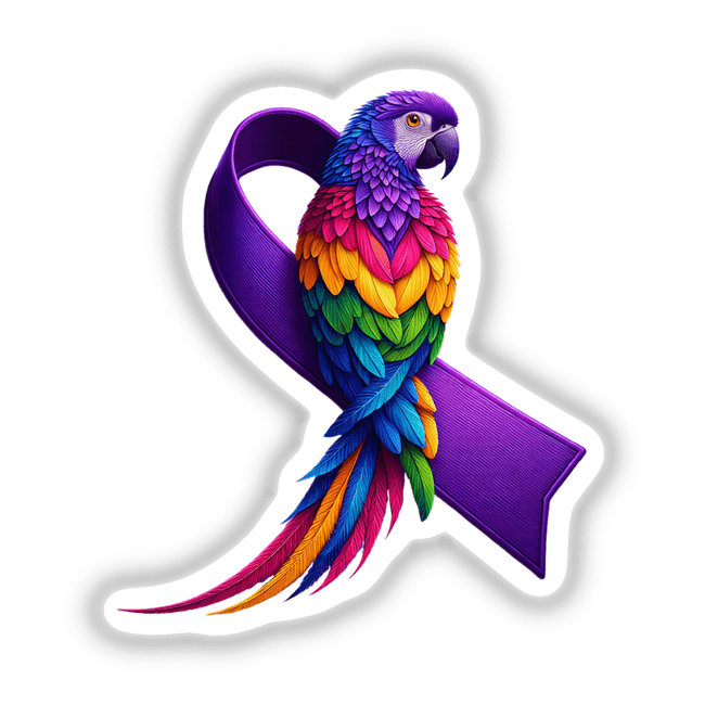 Parrot Purple Ribbon Alzheimers: A vibrant parrot adorned with elegant feathers perched on a ribbon, available as stickers or digital artwork from Decal Venue, specializing in unique vinyl designs.