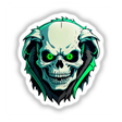 Cartoon illustration of A Hybrid Human Dog Skull featuring green eyes, available as stickers or digital artwork from Decal Venue, known for unique vinyl stickers and digital art.
