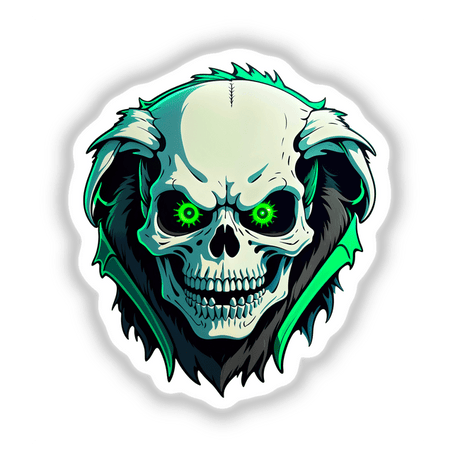 Cartoon illustration of A Hybrid Human Dog Skull featuring green eyes, available as stickers or digital artwork from Decal Venue, known for unique vinyl stickers and digital art.