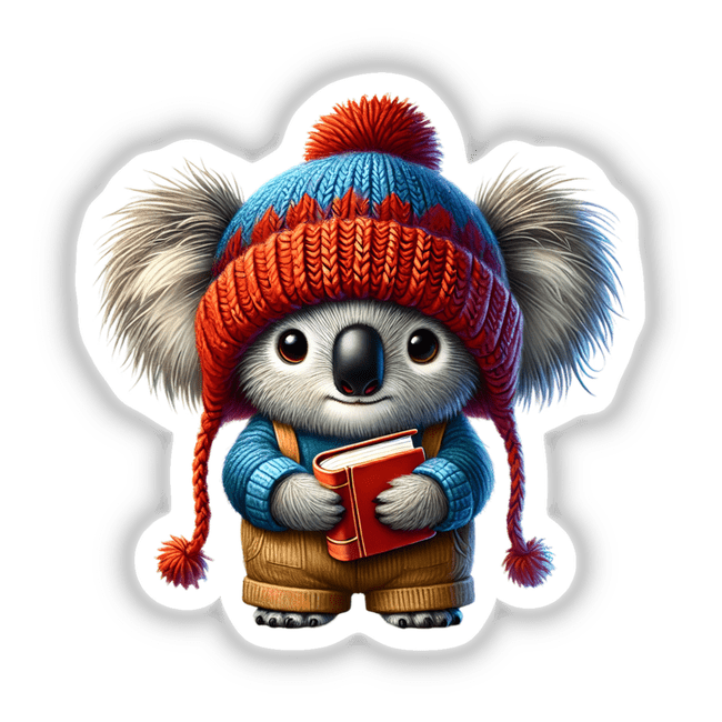 Koala Gnome Holding Book sticker or digital artwork featuring a cartoon koala in a hat, holding a book.