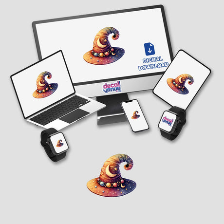 Halloween Hat with Stars and Moons depicted on a computer monitor and laptop screen, showcasing its vibrant design. Available as stickers or digital artwork from Decal Venue.