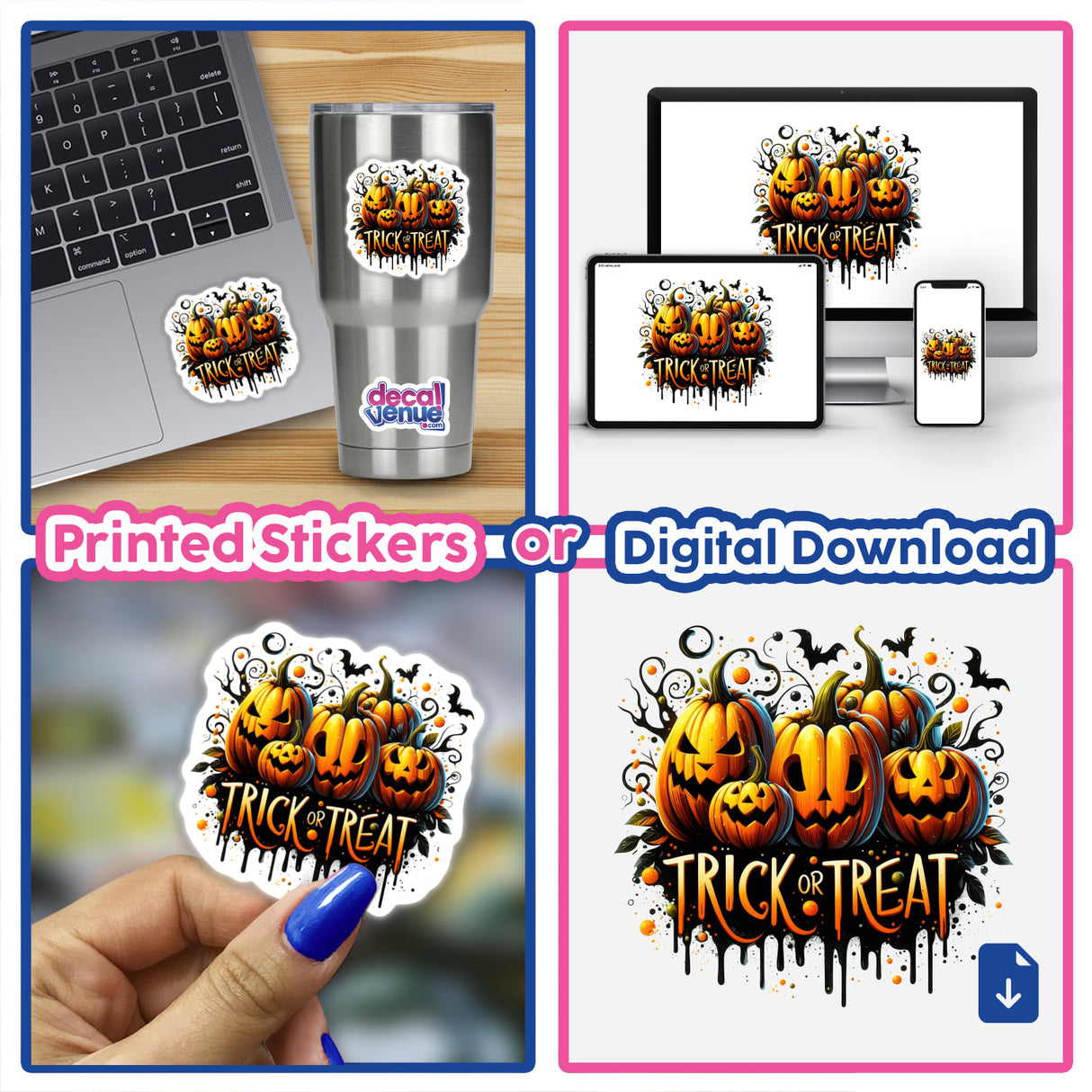 Collage of Spooky Halloween Pumpkins Trick or Treat stickers on laptops and digital artwork, featuring pumpkins with carved faces and Halloween-themed designs.