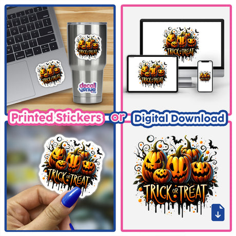 Collage of Spooky Halloween Pumpkins Trick or Treat stickers on laptops and digital artwork, featuring pumpkins with carved faces and Halloween-themed designs.