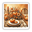 Thanksgiving Table - Festive Feast with Pumpkins and Leaves: A still life painting featuring pumpkins, flowers, a wooden fork, and a lit candle, perfect as stickers or digital artwork.