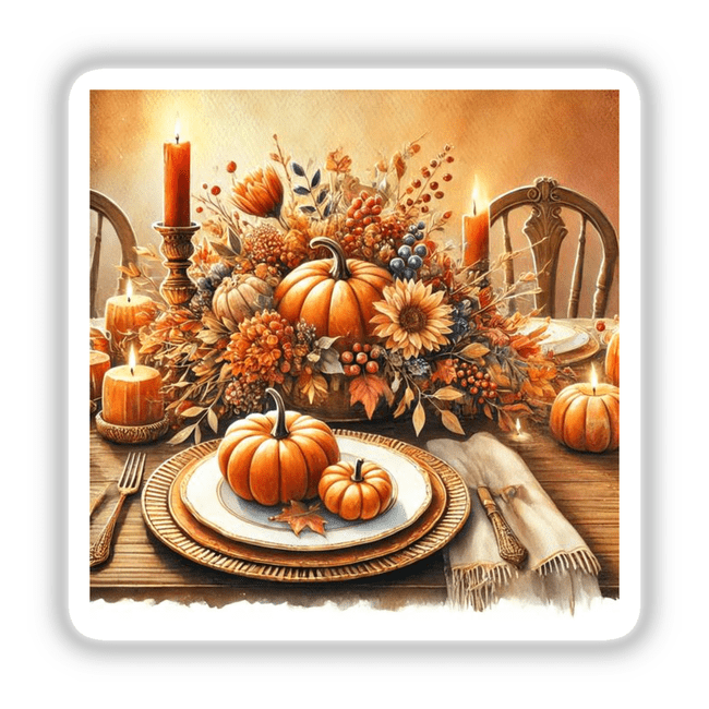 Thanksgiving Table - Festive Feast with Pumpkins and Leaves: A still life painting featuring pumpkins, flowers, a wooden fork, and a lit candle, perfect as stickers or digital artwork.