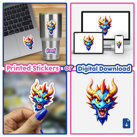 Collage featuring A Cool Fantasy Dragon sticker on a laptop, depicting a cartoon blue dragon with yellow and red horns, available as unique vinyl stickers or digital artwork.