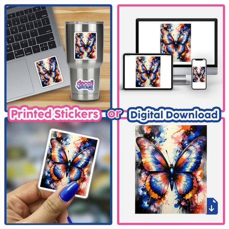 A collage featuring A Pretty Colorful Butterfly as stickers or digital artwork, displayed on gadgets including a laptop and phone, reflecting Decal Venue's unique vinyl and digital art offerings.