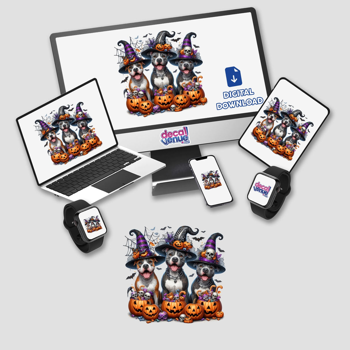 Halloween Trick or Treat Trio Pitbull Dogs digital artwork displayed on a computer monitor and laptop, featuring dogs with pumpkins and hats. Available as stickers or digital art.