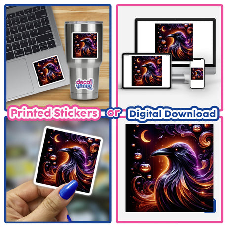 Collage showing the Black Raven Ethereal Halloween Glow sticker on a laptop and as digital artwork, including close-ups of the sticker and its application on various devices.