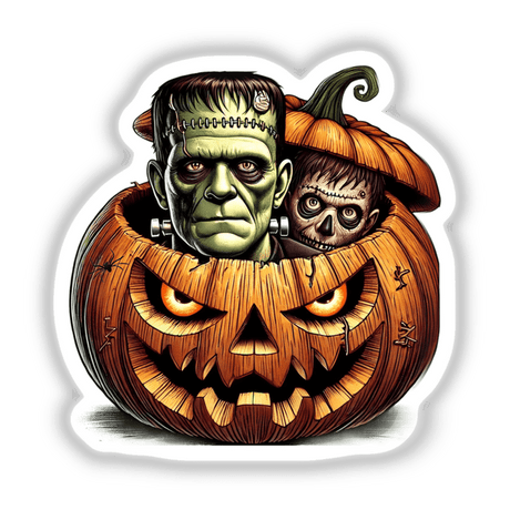 Frankenstein Peeking Out of Spooky Jack-o'-lantern - Festive Halloween Digital Artwork