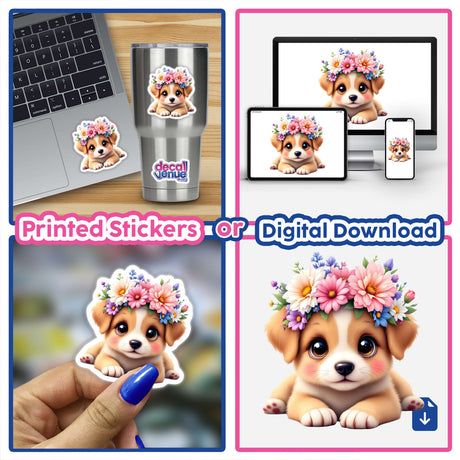 Playful Puppy with a Springtime Flower Crown sticker on a laptop, featuring a cartoon dog adorned with a vibrant floral crown, perfect for adding whimsy to your belongings.
