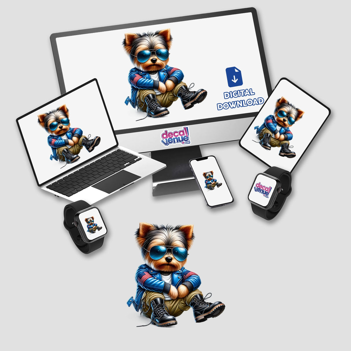 Patriotic Leather Yorkie Aviator Sunglasses: A cartoon dog wearing aviator sunglasses and a blue jacket displayed on a laptop and monitor, available as stickers or digital artwork from Decal Venue.