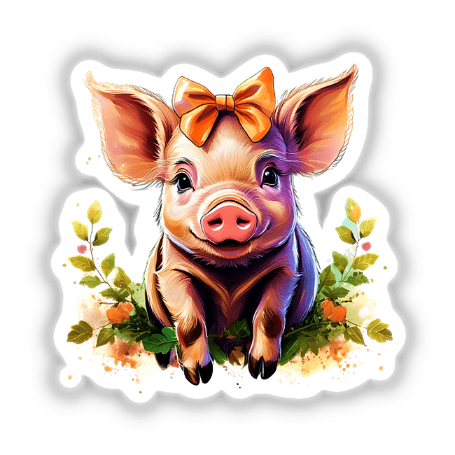 Piglet cartoon with a bow, available as Unique Stickers or Digital Artwork from Decal Venue.