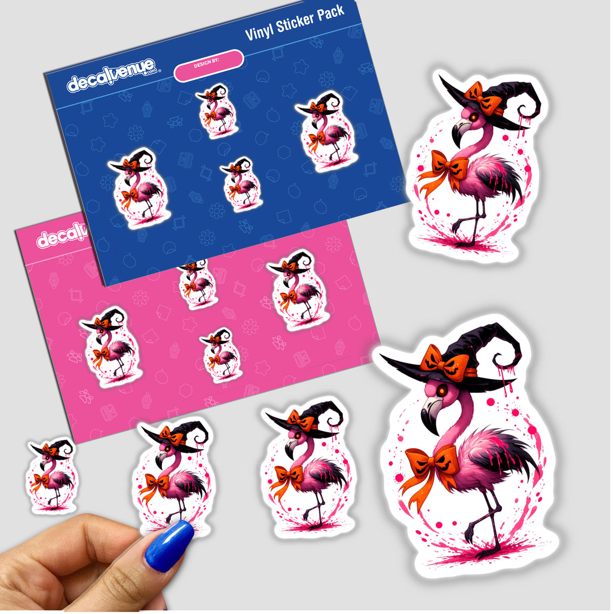 Spooky Halloween Flamingo Bird stickers featuring flamingos in hats; available as physical stickers or digital artwork.