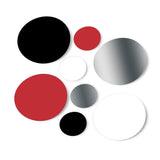 Red / Black / Metallic Silver / White Polka Dot Circles Wall Decals arranged in a group, showcasing their vibrant variety and sizes, perfect for decorating any smooth surface.