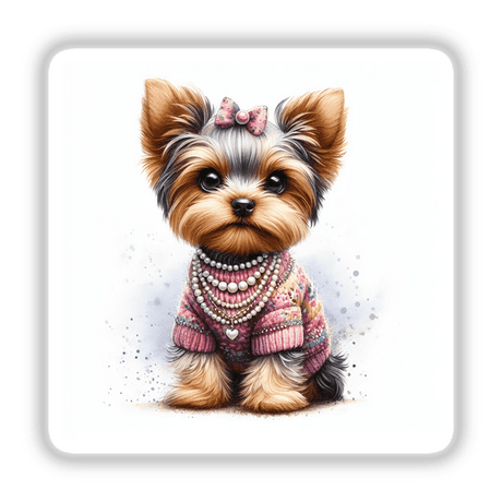 Watercolor Sweater and Pearls Yorkie Dog w/Background