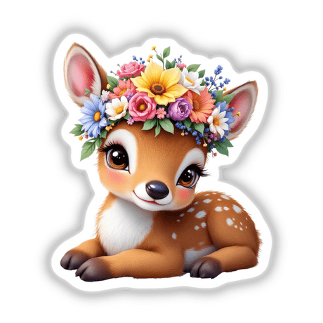 Delicate Fawn Wearing a Flower Crown, a charming cartoon animal art piece, features a fawn with intricate floral adornments, available as versatile stickers or digital artwork from Decal Venue.