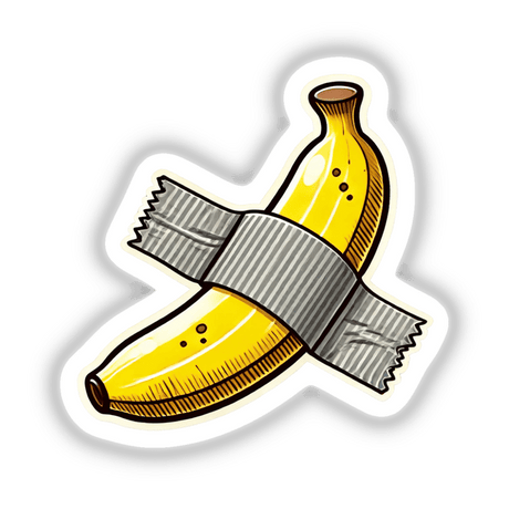 Duct Tape Banana: Illustration of a banana taped at the center, available as stickers or digital artwork, reflecting Decal Venue's unique approach to creative stickers and art.