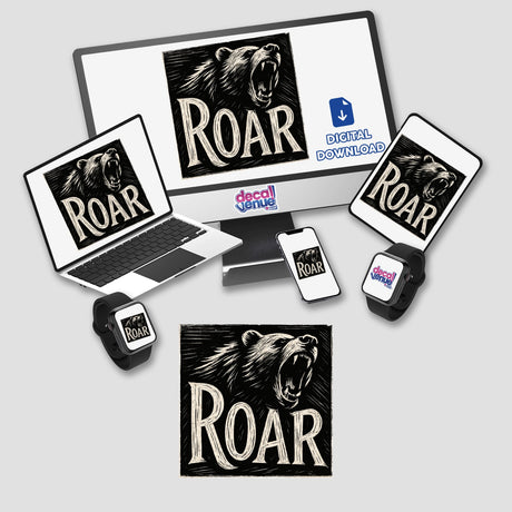Roar Woodcut Typography Sticker or Clipart features a bold, motivational bear design. Available as a sticker or digital artwork, this piece offers commercial rights for creative projects.