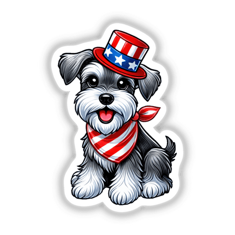 Cute Patriotic Schnauzer with Striped Bandana & USA Hat – 4th of July Dog Art featuring a schnauzer in an Uncle Sam hat and bandana, ideal for T-shirts, crafts, and holiday cards.