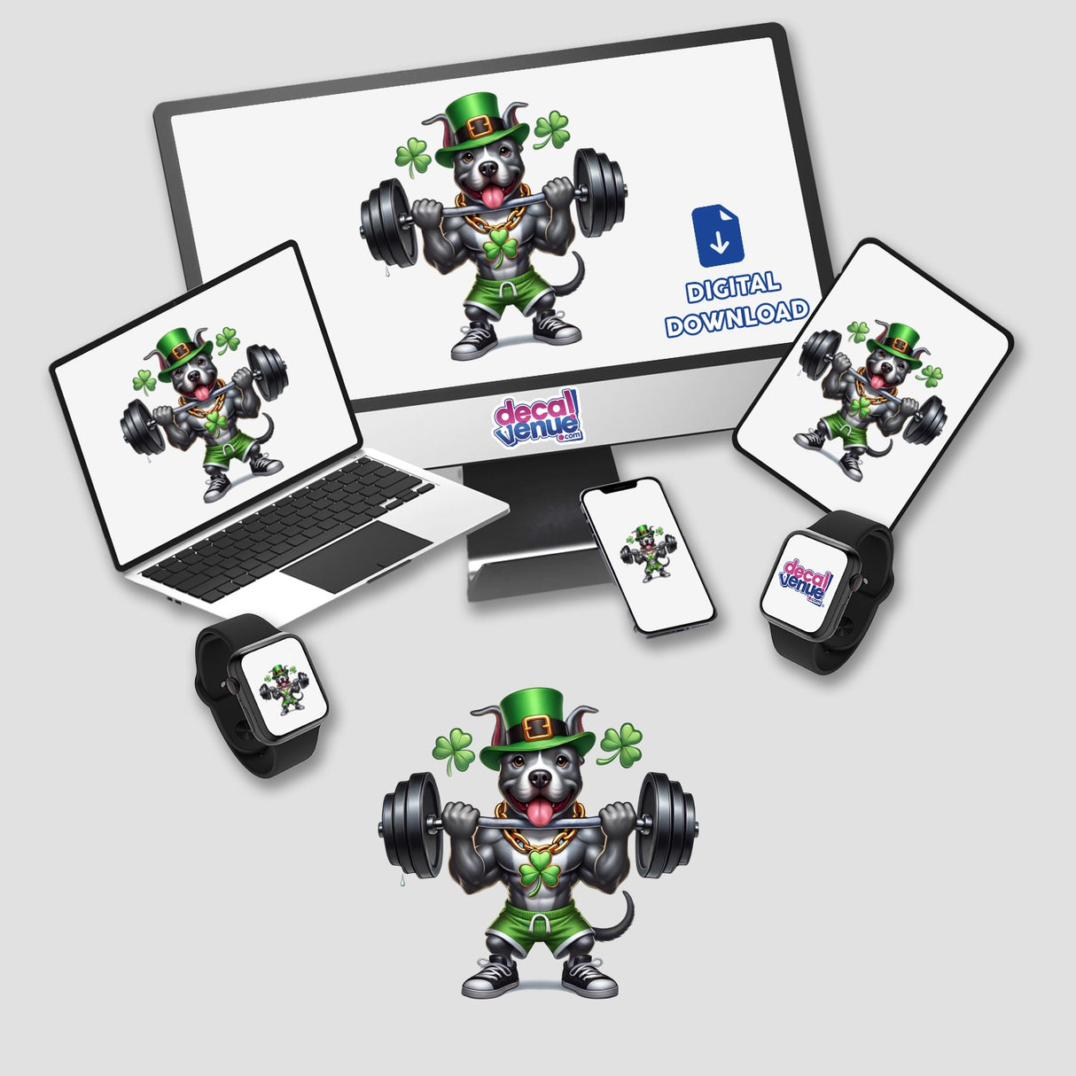 Irish Leprechaun Workout Pitbull Dog III digital artwork featuring a cartoon dog lifting weights, available as stickers or digital art, displayed on various devices including a computer and phone.
