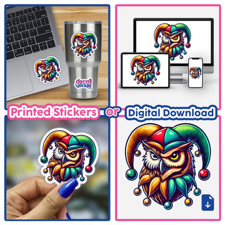 Owl Wearing Jester’s Hat sticker, shown in various settings: on a laptop, cup, and phone screen.