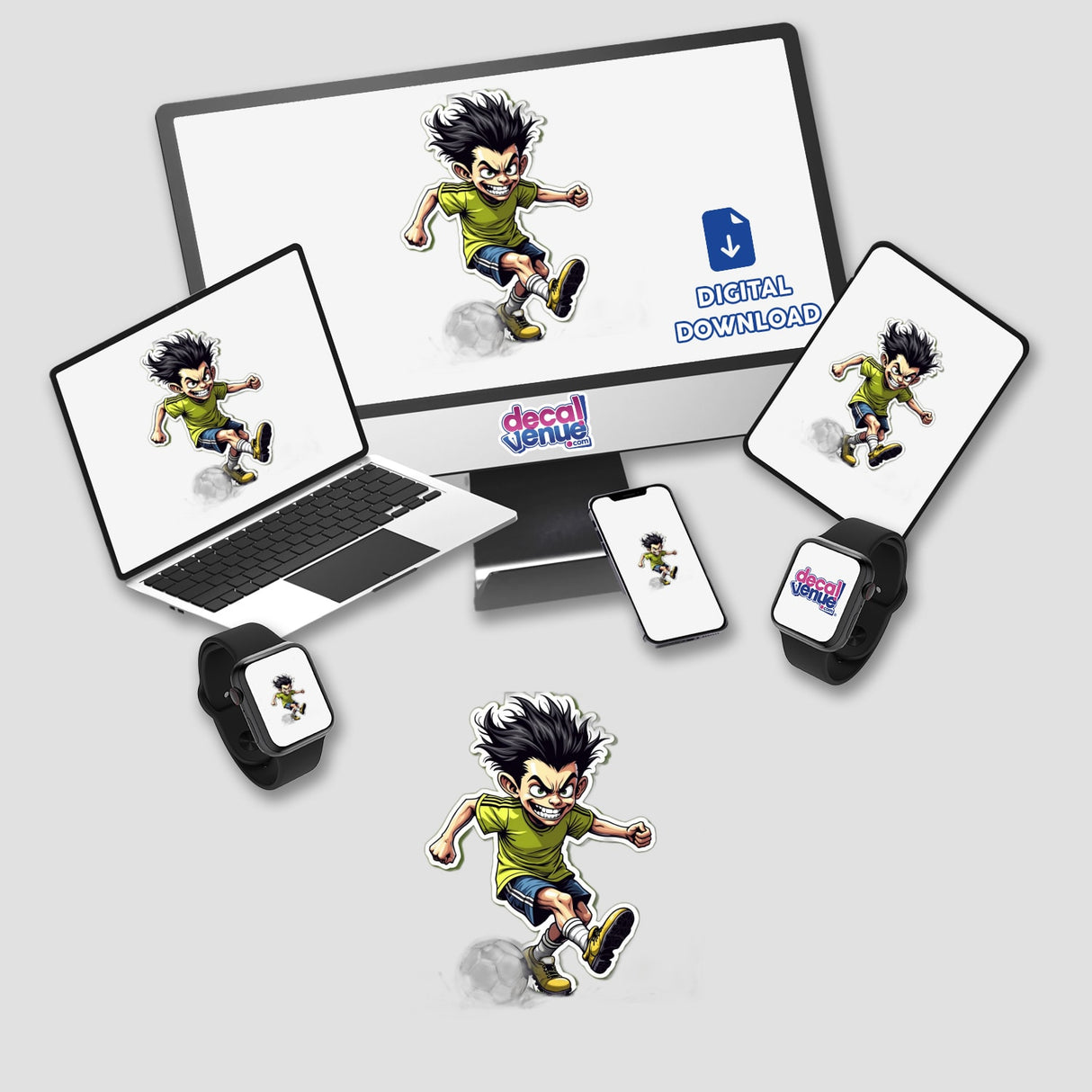 Corredor Sagaz digital artwork featuring a cartoon boy running, displayed on a computer monitor and laptop, available as stickers or digital art.