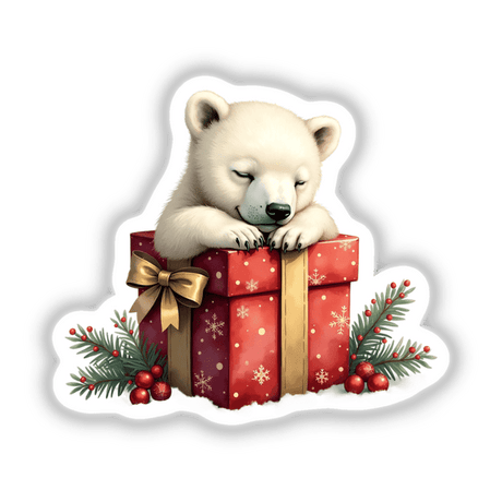 Polar Bear in Christmas Present Box: A polar bear rests its paws on a gift box, embodying a festive theme. Available as stickers or digital artwork from Decal Venue.