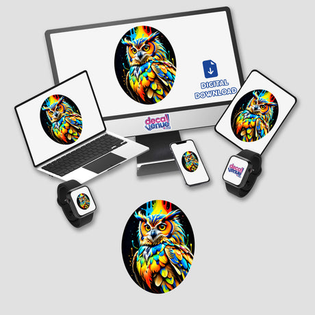 A Cool And Colorful Owl displayed on a computer monitor and laptop, available as stickers or digital artwork from Decal Venue, showcasing vibrant digital art of an owl.