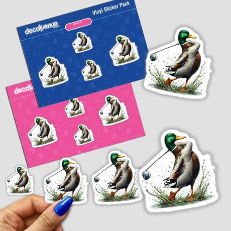 Mallard Duck Golfer Splash sticker featuring a green-headed duck holding a golf club, available as a sticker or digital artwork.