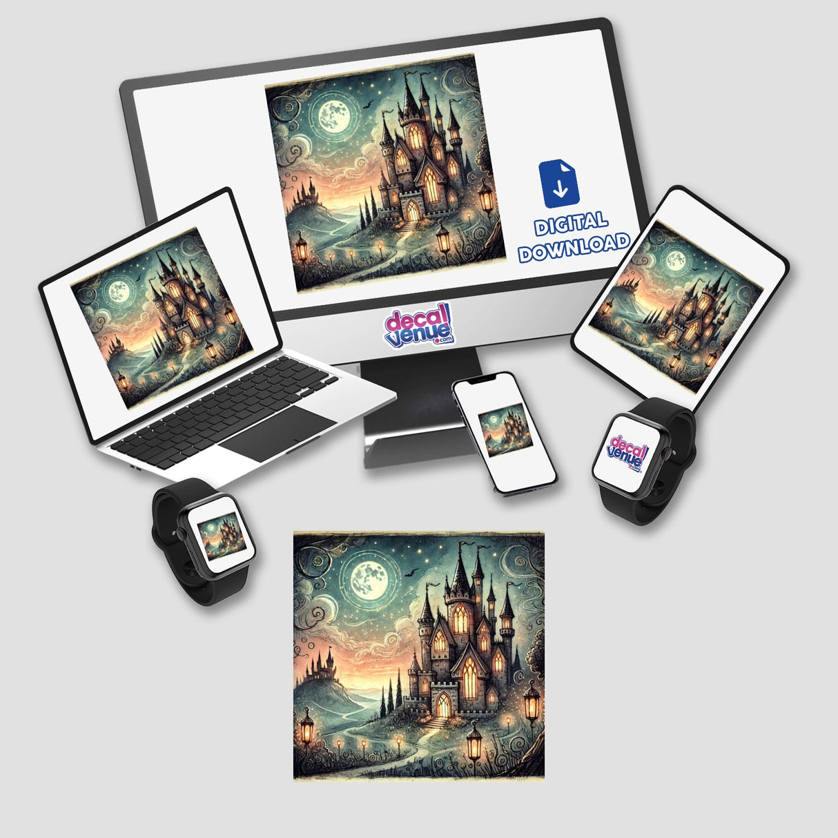 Mystical Enchanted Castle at Dusk displayed on a computer, laptop, tablet, smartphone, and smartwatch, available as stickers or digital artwork.