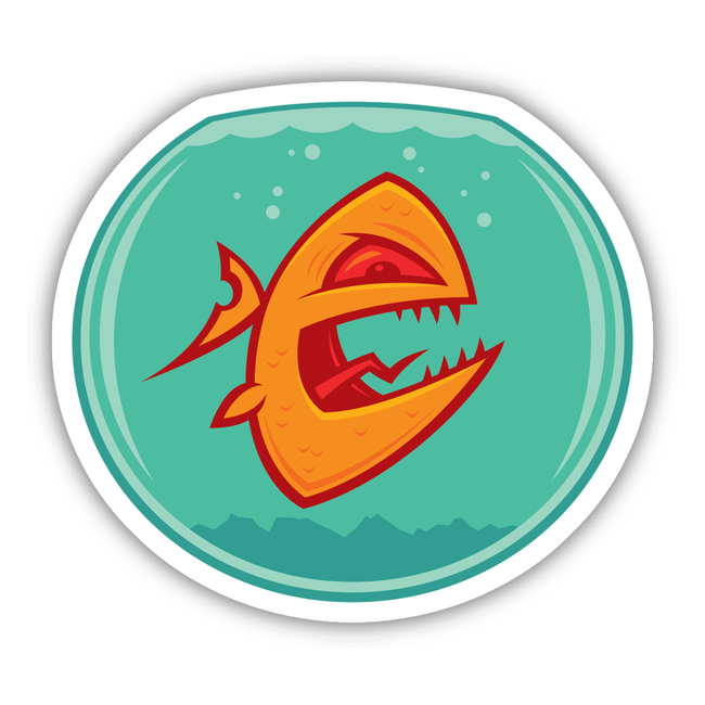 Angry Goldfish cartoon sticker, featuring a fish with sharp teeth, available as part of a Sticker Pack or individually. Ideal for fans of unique stickers from Decal Venue.