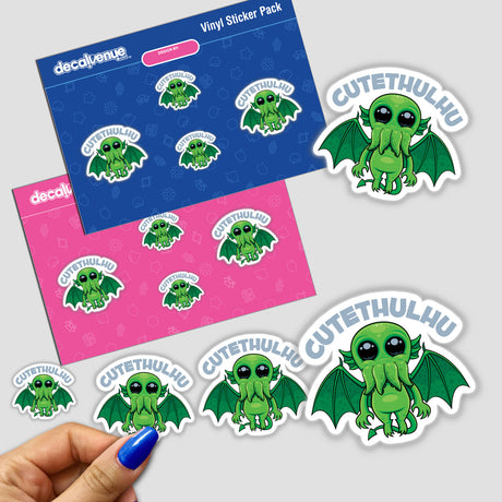 Cutethulhu stickers featuring whimsical cartoon characters, including a winged, squid-faced creature, available as vinyl stickers or digital artwork at Decal Venue.