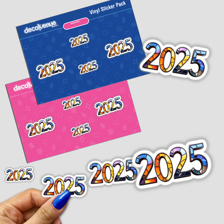 Hand holding 2025 Numerals Stained Glass Style stickers, showcasing colorful, artistic numerals. Available as stickers or digital artwork, reflecting Decal Venue's unique design ethos.