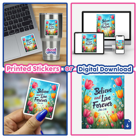 Collage featuring the Fauvist Spring Daisy “Believe and Live Forever” John 3:16 sticker or clipart, showcasing laptops and phones, ideal for digital artwork or commercial use.