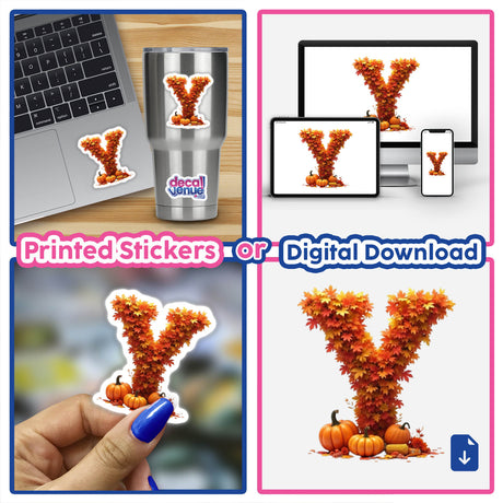 Thanksgiving Letter Y Clipart - Fall Leaves and Pumpkins Design - Stickers or Commercial Use Download: collage of laptops and close-ups featuring a Y made of leaves and pumpkins.