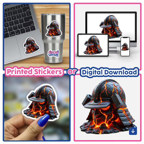 Molten Lava Samurai Helmet depicted as a striking digital artwork, showcasing a warrior's helmet adorned with lava motifs, available as stickers or digital art at Decal Venue.