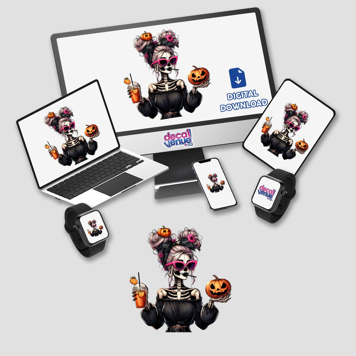 Halloween Boujee Skeleton Mama digital artwork featuring a skeleton holding a pumpkin and drink, displayed on various devices, available as stickers or digital art.