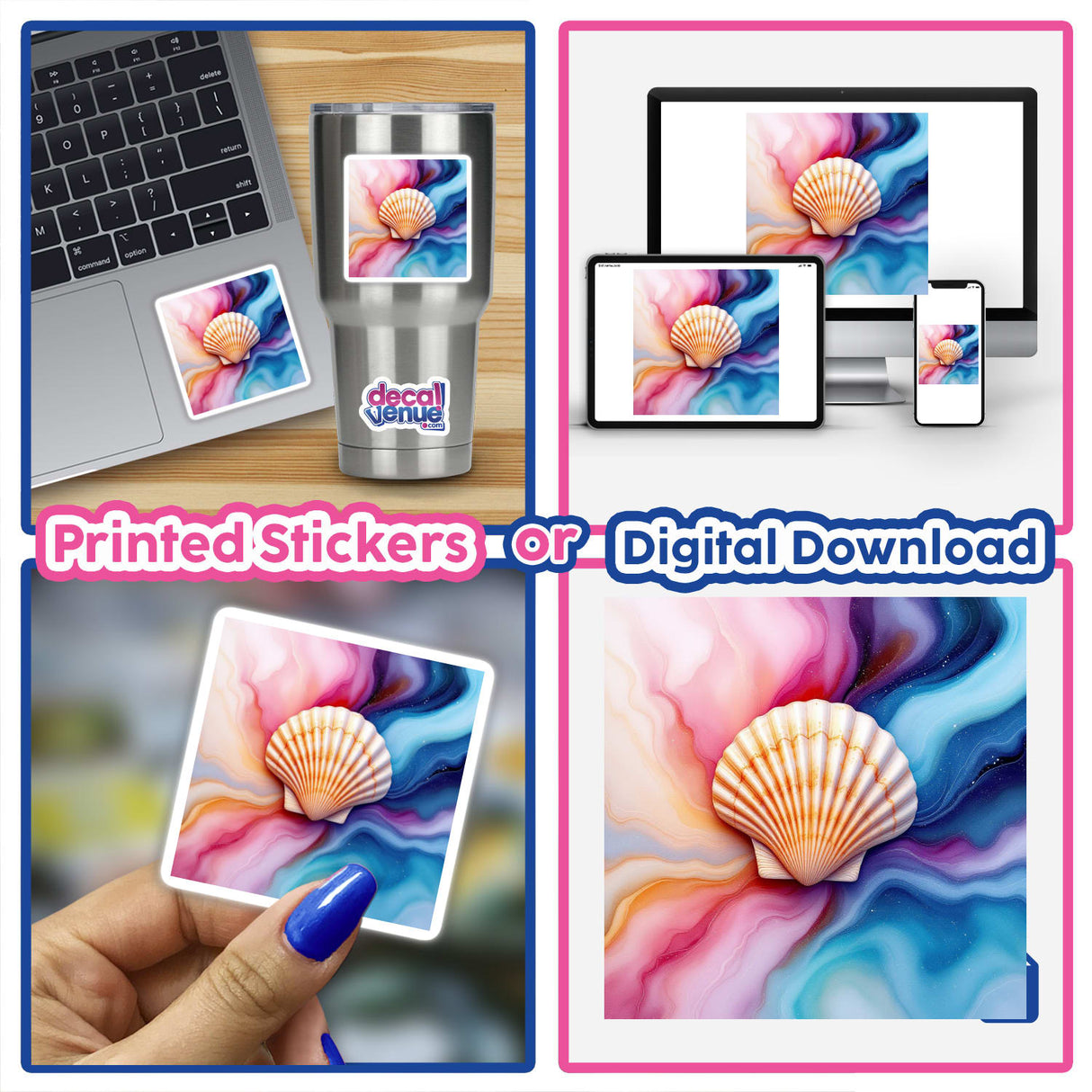 Seashell Alcohol Ink Design collage featuring various stickers and digital artwork, highlighting intricate shell patterns.