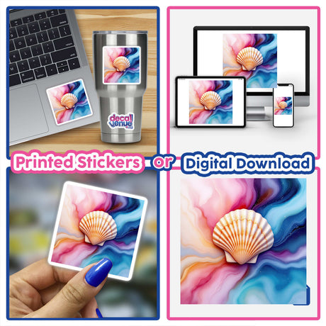 Seashell Alcohol Ink Design collage featuring various stickers and digital artwork, highlighting intricate shell patterns.