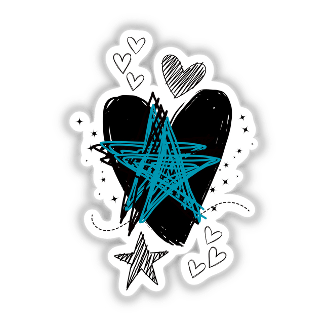 Black heart blue star graphic featuring a mix of hearts and stars, available as stickers or digital artwork, embodying Decal Venue’s unique artistic flair.