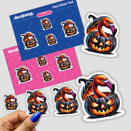 Vibrant pumpkin-shaped Halloween stickers featuring a playful flamingo peeking out, surrounded by jack-o'-lanterns in an artful digital design.