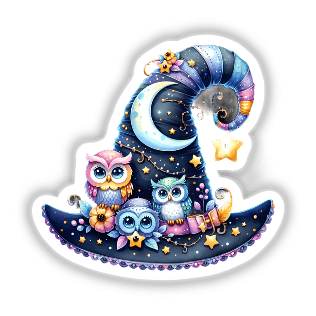 Cartoon Halloween Hat with Owls and Stars, featuring a whimsical owl with big eyes, surrounded by stars and a moon. Available as unique stickers or digital artwork from Decal Venue.