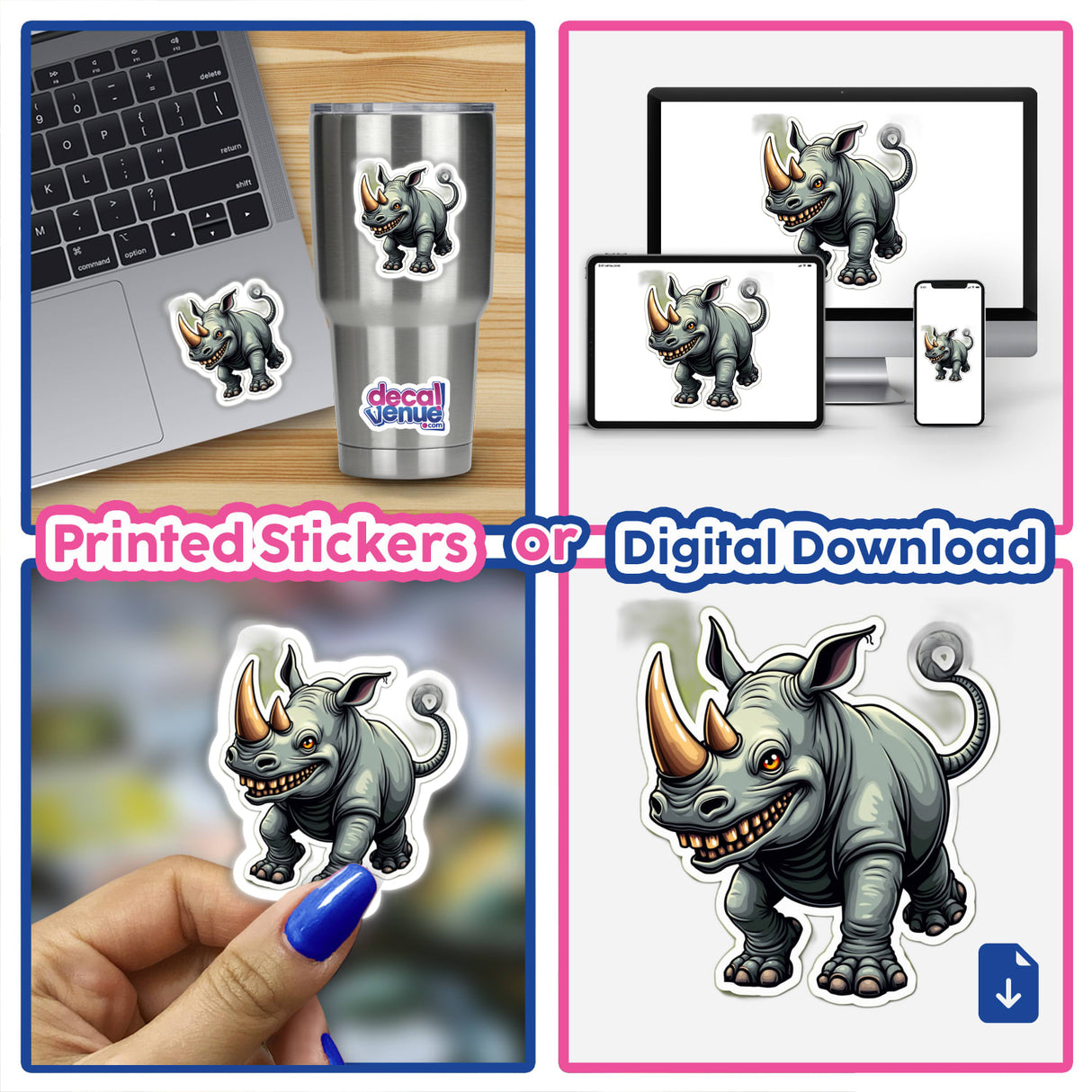 Collage of Rinoceronte Alegre featuring cartoon rhinoceroses with various expressions, available as stickers or digital artwork from Decal Venue.