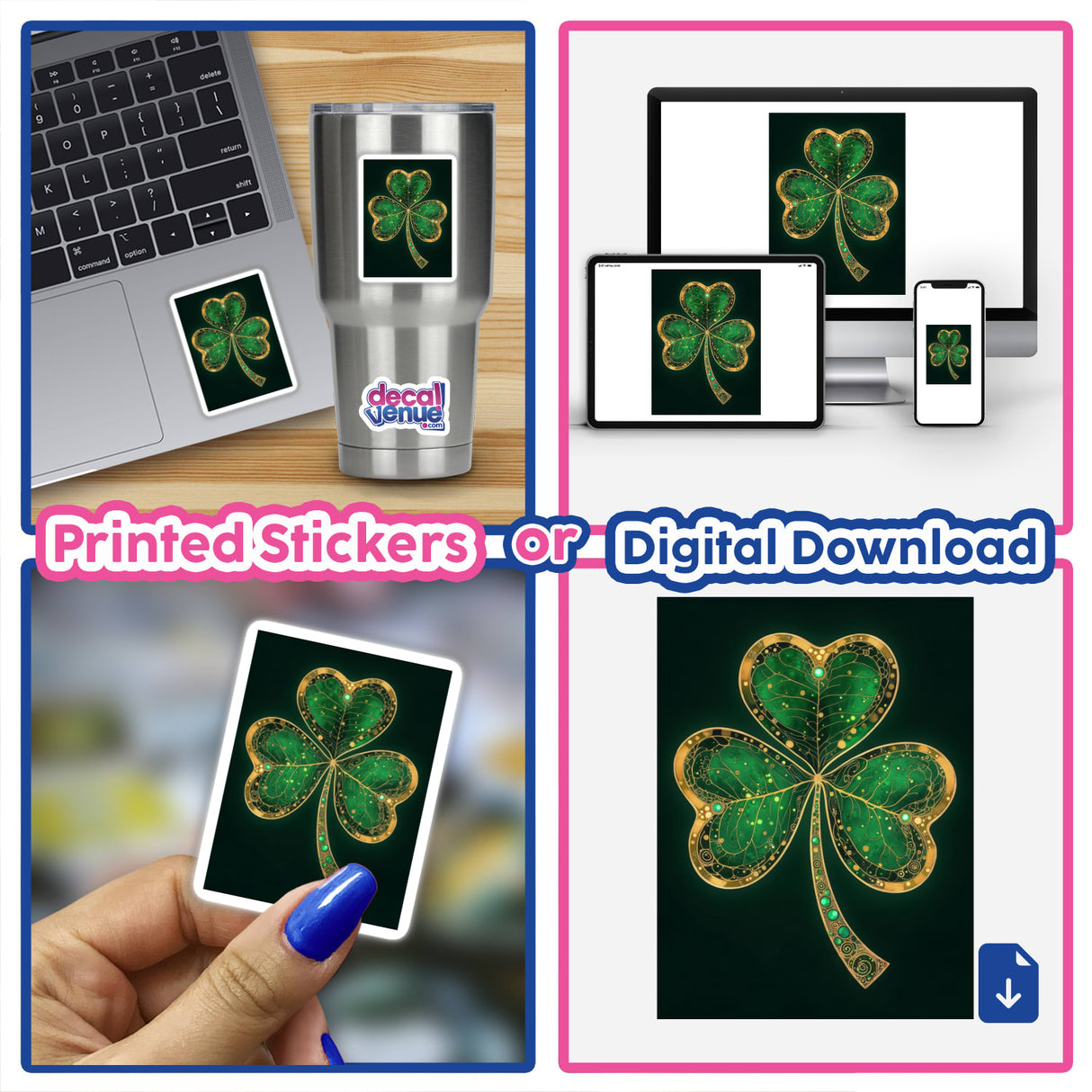 Shamrock – Green Clover with Gold and Emerald Accents displayed in a collage; includes stickers and digital artwork on devices, showcasing unique Decal Venue designs.