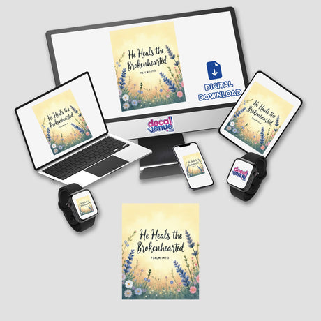 Fauvist Spring Lavender “He Heals the Brokenhearted” Psalm 147:3 Sticker or Clipart featuring vibrant digital artwork of flowers, displayed on a laptop and various devices. Available with commercial rights.