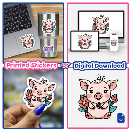 Cute pig digital artwork and stickers featuring a pink pig with flowers, displayed on various products and devices. The product is available as either printed stickers or a digital download from the Decal Venue online store.