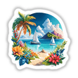 Tropical beach scene with sailboats, palm trees, and vibrant flowers